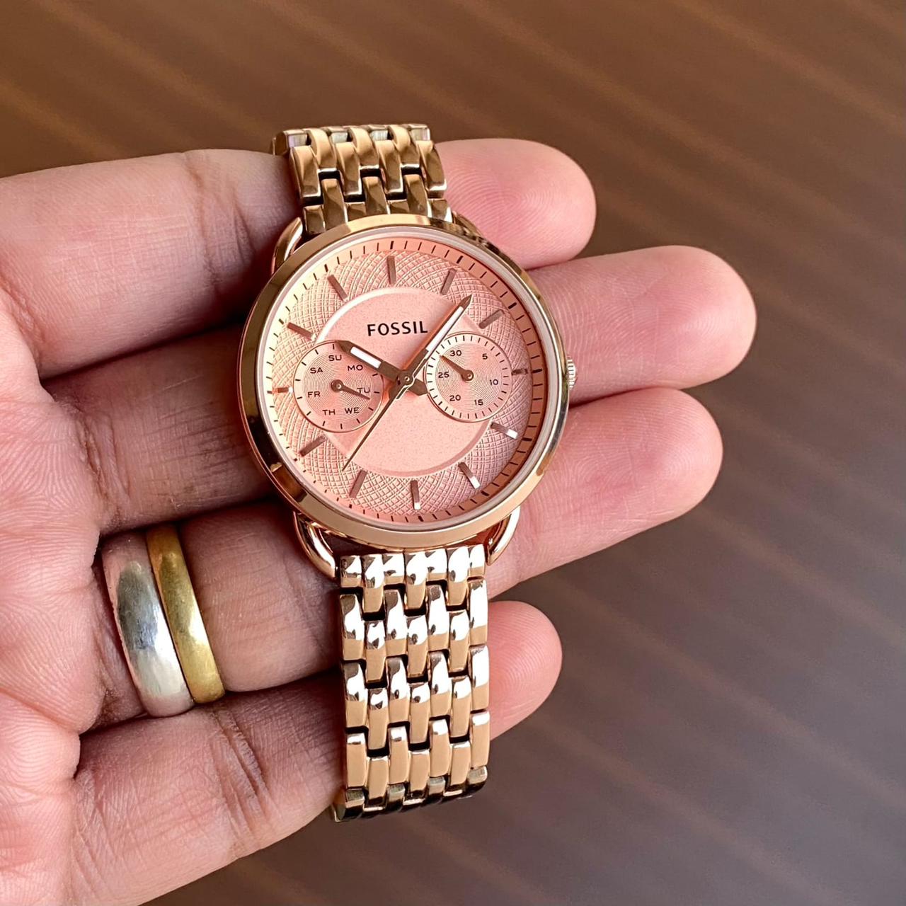 Fossil Working Chronograph - Stainless steel rust free tt silver Rose gold bracelet - Elegant RoseGold Bezel For Her