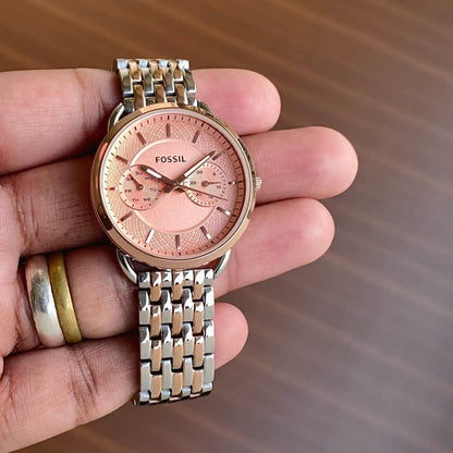 Fossil Working Chronograph - Stainless steel rust free tt silver Rose gold bracelet  - Elegant RoseGold Bezel For Her