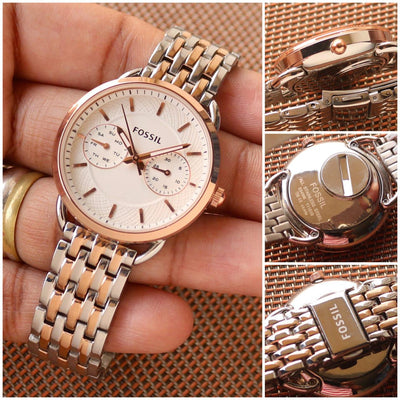 Fossil Working Chronograph - Stainless steel rust free tt silver Rose gold bracelet  - Elegant RoseGold Bezel For Her