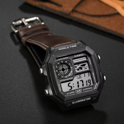 Casio Men's World Time Digital Watch – Classic Leather Strap