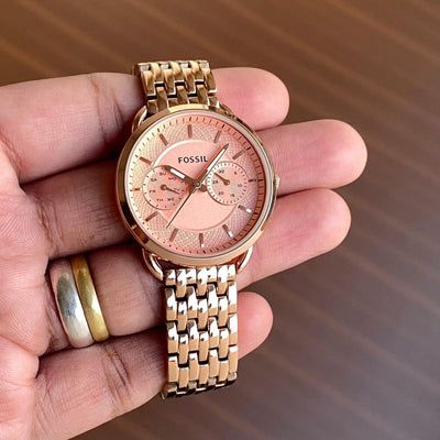 Fossil Working Chronograph - Stainless steel rust free tt silver Rose gold bracelet  - Elegant RoseGold Bezel For Her
