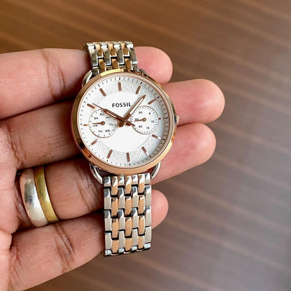 Fossil Working Chronograph - Stainless steel rust free tt silver Rose gold bracelet  - Elegant RoseGold Bezel For Her